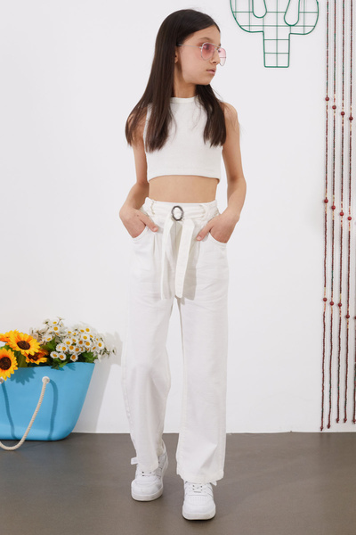 Cansın Mini Pantaloni spanioli pentru fete cu centură albă și talie elastică 18715