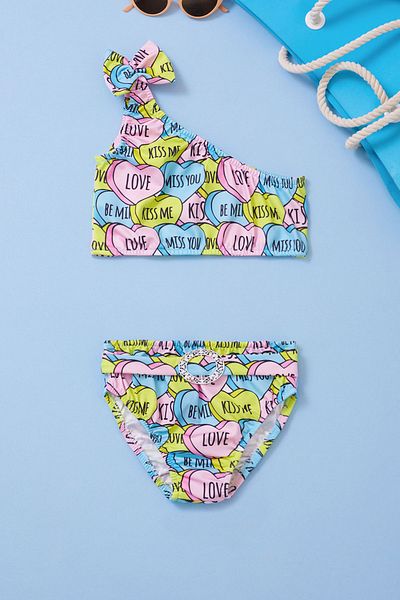 Cansın Mini Text Printed Pink Girl's Swimsuit - 19046 with Buckle Detail