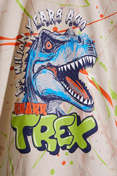 Cansın Mini Cream T-rex Printed Written Boy's Shorts Set 18709