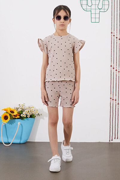 Cansın Mini Girl Beige Polka Dot Shorts and Blouse Set - 18686
