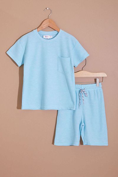 Cansın Mini Boy's Turquoise Waffle Shorts Set - 19096