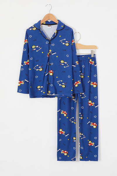 Cansın Mini Boy's Pajama Set 18670 - Navy Blue, Car Printed, Buttoned
