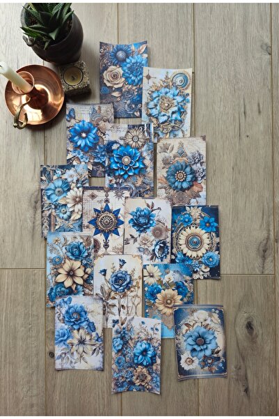 Mona Craftist 15 Adet Mavi Gold Gül Temalı Scrapbook Kağıt Seti Bullet Journa...