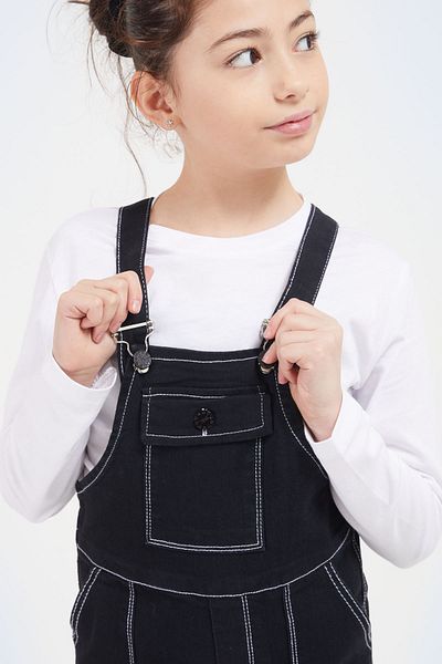 Cansın Mini Black Girl's Jeans Salopet Jumpsuit with Chest Pocket 17610