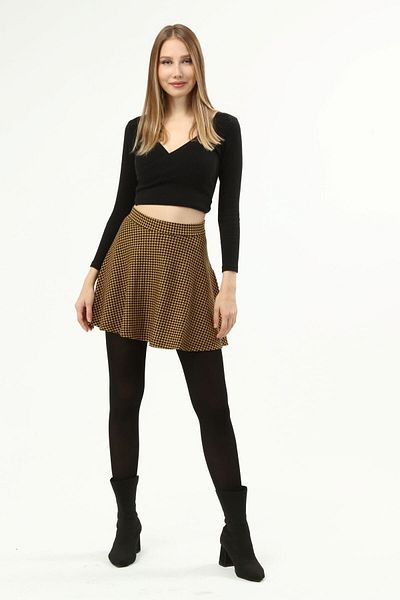 Neslice in İstanbul Women's Mini Skirt, Women's Mustard Houndstooth Patterned Side Zipper Mini Skirt