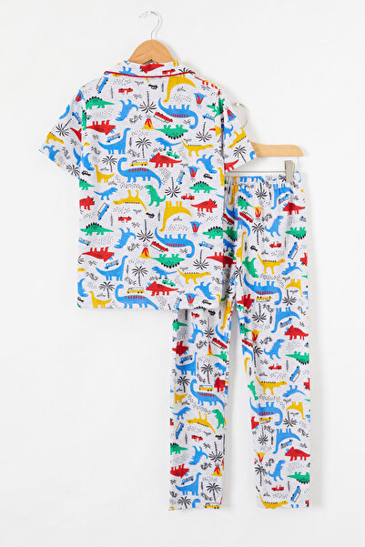 Cansın Mini Boy's Gray Dinosaur Printed Short Sleeve Pajama Set - 18691
