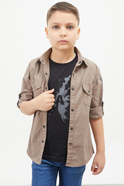 Cansın Mini Brown Sleeves Stripe Lettering Jean Shirt T-Shirt Boy's 2-Piece Set 17649