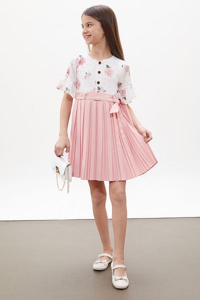 Cansın Mini Rochie plisată pentru fetiță, cu model de trandafiri roz, geantă cu mâneci scurte 18258