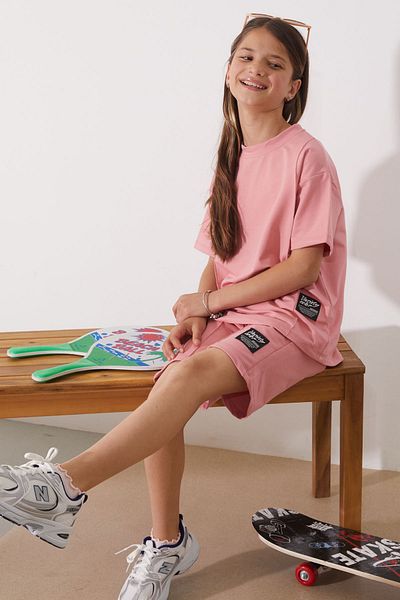 Cansın Mini Oversize ροζ κοριτσίστικο σορτς - T-shirt, ριγέ 18904