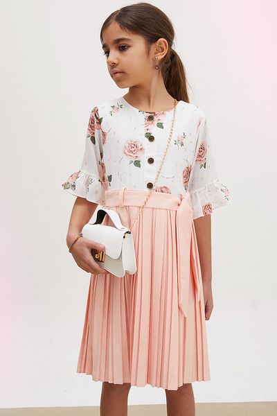 Cansın Mini Rochie plisată pentru fetiță, cu model de trandafir somon, geantă cu mâneci scurte 18192