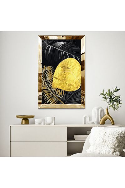 Zevahir Mobilya Dekorasyon Masă MDF unică cu design modern, cu temă botanică, cu cadru din plexiglas cu oglindă aurie