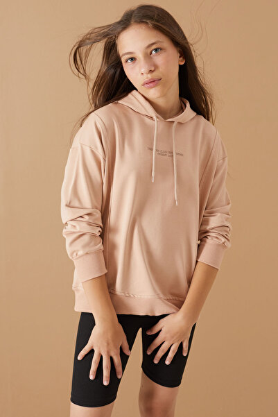 Cansın Mini Bej Kabartmalı Yazılı Kapüşonlu Kız Çocuk Sweatshirt 19302