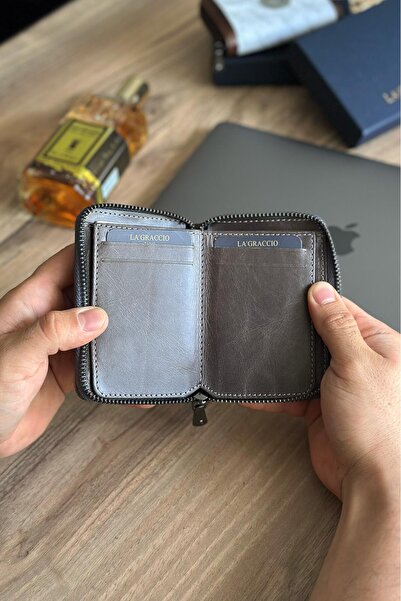 La La'Graccio Paris La'Graccio Paris Lancoves Men's Zippered Genuine Leather Handy Wallet Crazy Gray