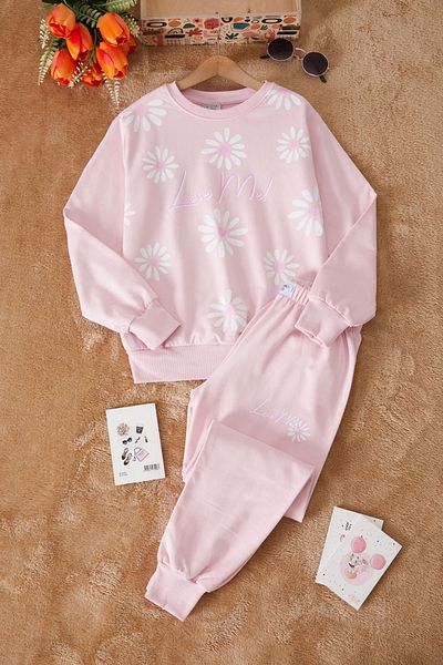 Cansın Mini Powder Pink Floral Printed Raised Girl's Tracksuit 17426
