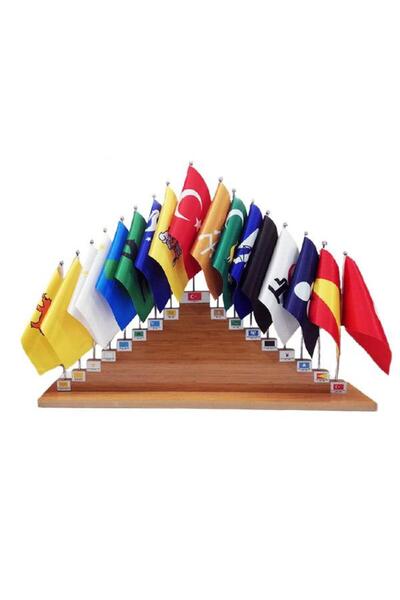 Saturn 17'li Eski Türk Devletleri Bayrakları Seti 17 Türk Bayrağı Ahşap Kaide