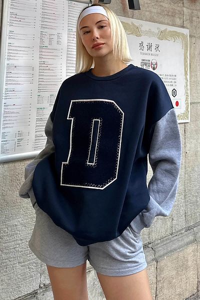 Swist Navy Blue Gray D Embroidered Garnished Women's Cotton Sweatshirt