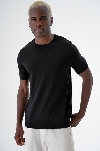CHUBA Ανδρικό πλεκτό πουλόβερ με λαιμόκοψη Standard Fit Βαμβακερό κοντό μανίκι μαύρο 24s261