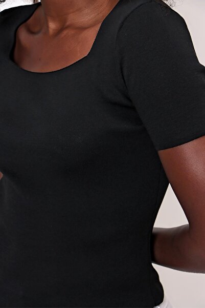 CHUBA Women's Square Collar Short Sleeve Thin Knitwear Sweater Black 22sw314