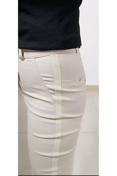 AKŞEN GİYİM Beige Colored Large Size Lycra High Waist Skinny Leg Trousers with Leather Detail