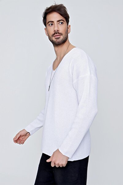 CHUBA Ανδρικό πλεκτό πουλόβερ με λαιμόκοψη V, βαμβακερό, λευκό 22sm212