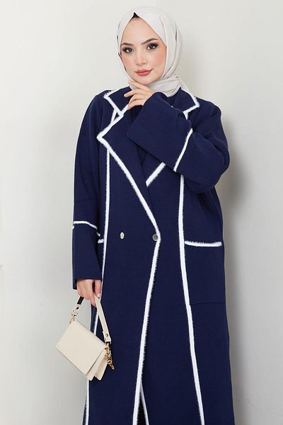 hafsamina Navy Blue Triple Beard Garnished Knitwear Set - Hm2534