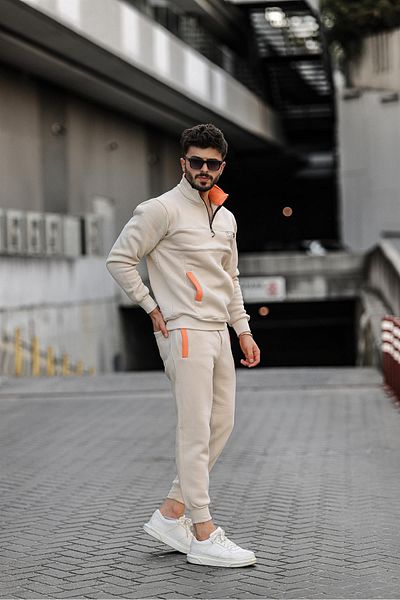Pobudo Beige Color Stand-up Collar Zipper Suit