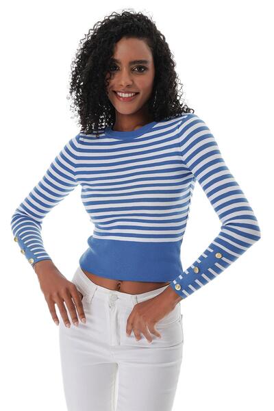 CHUBA Pulover de damă în dungi, cu gât turnut, cu nasturi, tricotaje, alb ind...