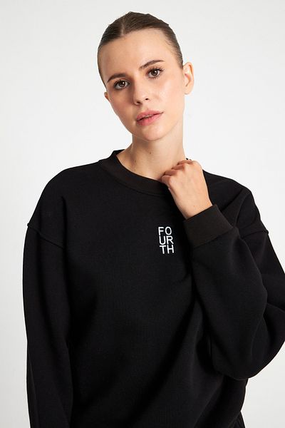 Ecrou Sweat oversize brodat pentru femei, negru, cu decolteu triplu