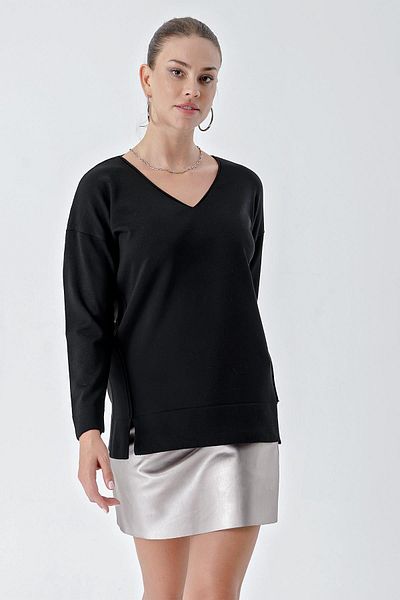 CHUBA Pulover negru din tricot cu decolteu în V - Potrivire confortabilă, cusături înclinate 24w117