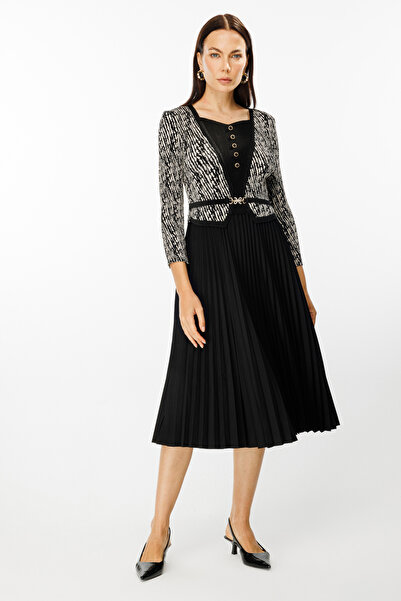 Ekol Black Ornamental Buttoned Dress with Accessories