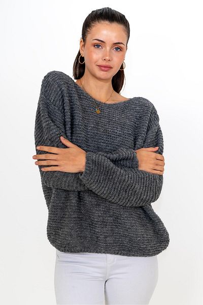 CHUBA Antracitová alpaková vlna lodičkový úplet Dámský svetr - texturované měkké knoflíky 24W143