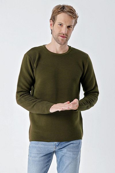 CHUBA Men's Crew Neck Standard Fit Textured Casual Knitwear Sweater Dark Khaki 24W201