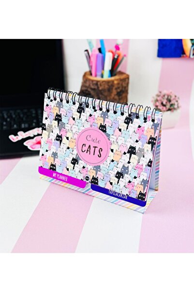 Gift Moda Sevimli Kedi Tasarımlı Yeni Nesil Masa Üstü Planner 2 Sayfa Sticker