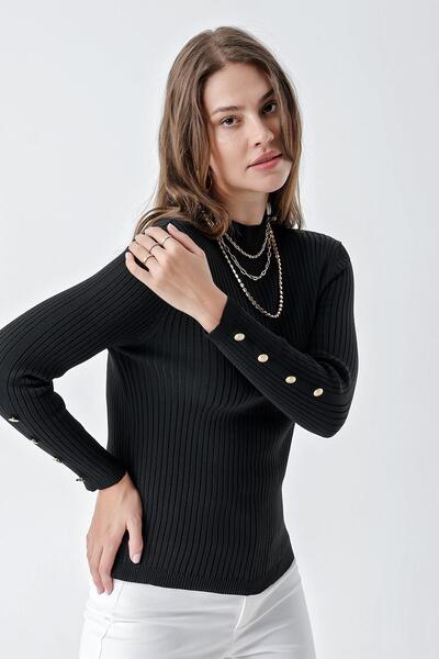 CHUBA Pulover de damă, cu jumătate de gât țestoasă, cu nasturi, tricotaje cu nervuri, negru 24w107