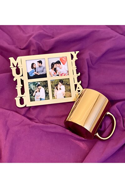 Gift Moda Mutlu Yıllar 4 Fotoğraf Standlı Mdf Gold Çerçeve Ve Gold Kupa Set