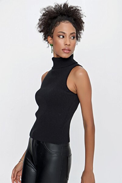 CHUBA Pulover de damă cu guler rotit cu nervuri fără mâneci Melange tricot negru 23w315