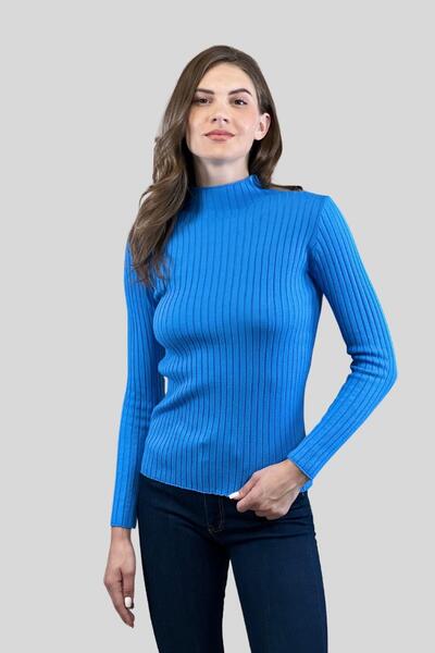 Miss Poem Pulover de damă, cu jumătate de mânecă, cu gâtul turn, de iarnă, de bază, albastru