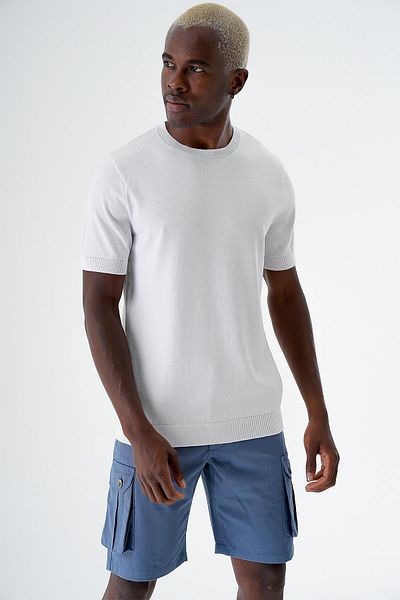 CHUBA Ανδρικό πλεκτό πουλόβερ με λαιμόκοψη Standard Fit Βαμβακερό κοντό μανίκι Λευκό 24s261
