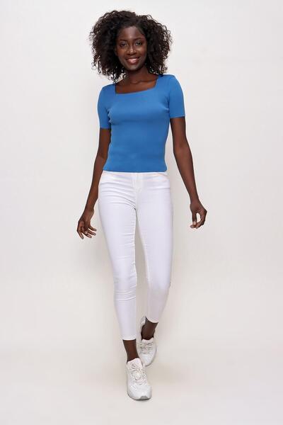 CHUBA Women's Square Collar Short Sleeve Thin Knitwear Sweater Indigo 22sw314