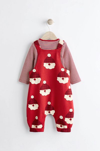 Next Baby 100% Organic Cotton Red Santa Claus Patterned 2 Piece New Year's Overalls Set Alyn22270