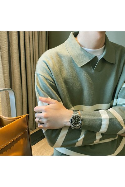 Kamalı Çağla Men's Polo Neck Striped Cool Style Knitwear Sweater