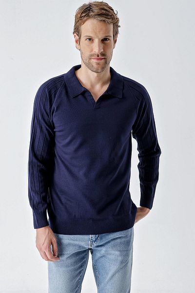 CHUBA Men's Standard Fit Raglan Sleeve Polo Neck Knitwear Sweater Navy Blue 24W210