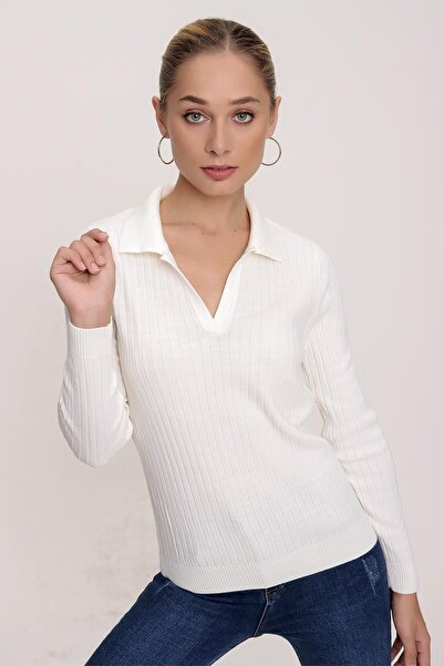 CHUBA Women's Ecru Polo Collar Comfortable Fit Ribbed Thin Knitwear Sweater 22wk203