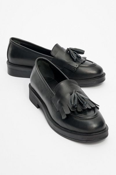 LuviShoes Γυναικεία Loafer Παπούτσια MİLINA Black Skin Tasseled από γνήσιο δέρμα