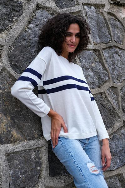 CHUBA Women's Stripe Detailed Oversize Knitwear Sweater Ecru-Navy Blue 22Wk257