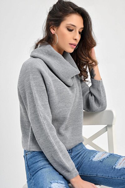 CHUBA Pulover de damă gri Degaje cu guler scurt, tricotaj Thessaloniki 20w106