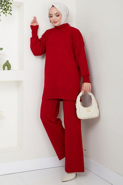 hafsamina Red Single Color Double Knitwear Set - Hm2574