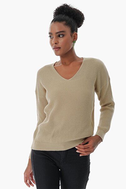 CHUBA Γυναικείο βαμβακερό πουλόβερ V λαιμόκοψη με πλέξη Σαλονίκης καφέ 23s1004