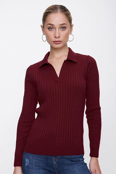 CHUBA Pulover tricot subțire cu nervuri pentru femei, roșu Claret, cu guler polo, 22wk203.