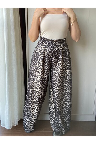 B1butik yüksek bel düğmeli leopar desen pantolon